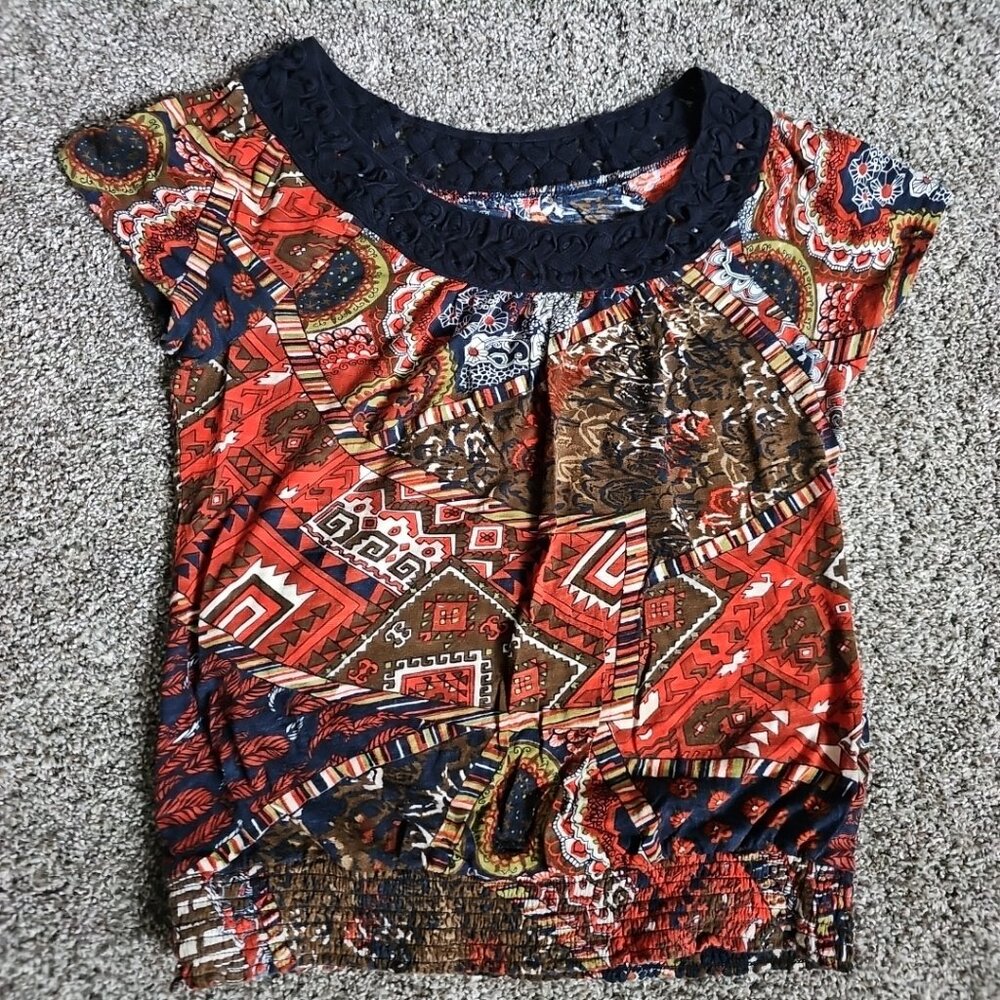 Lucky Brand Womens Size Medium Short Sleeve Multi-Color Lace Blouse